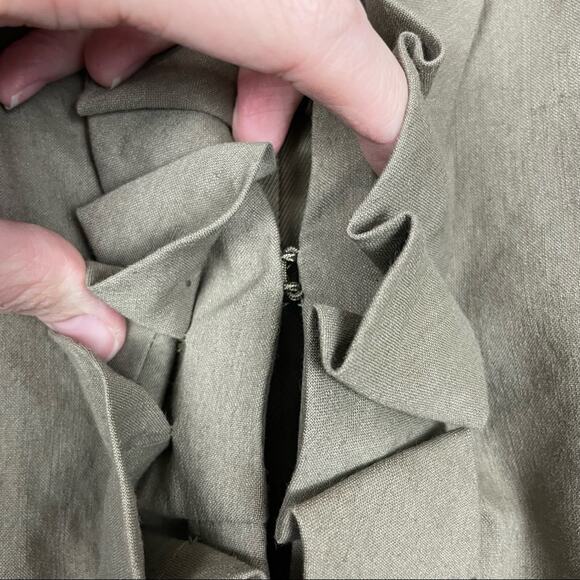 Classiques Entier | Brown Linen Blend Pleated Ruffle Trim Classy Office Jacket - Picture 7 of 10